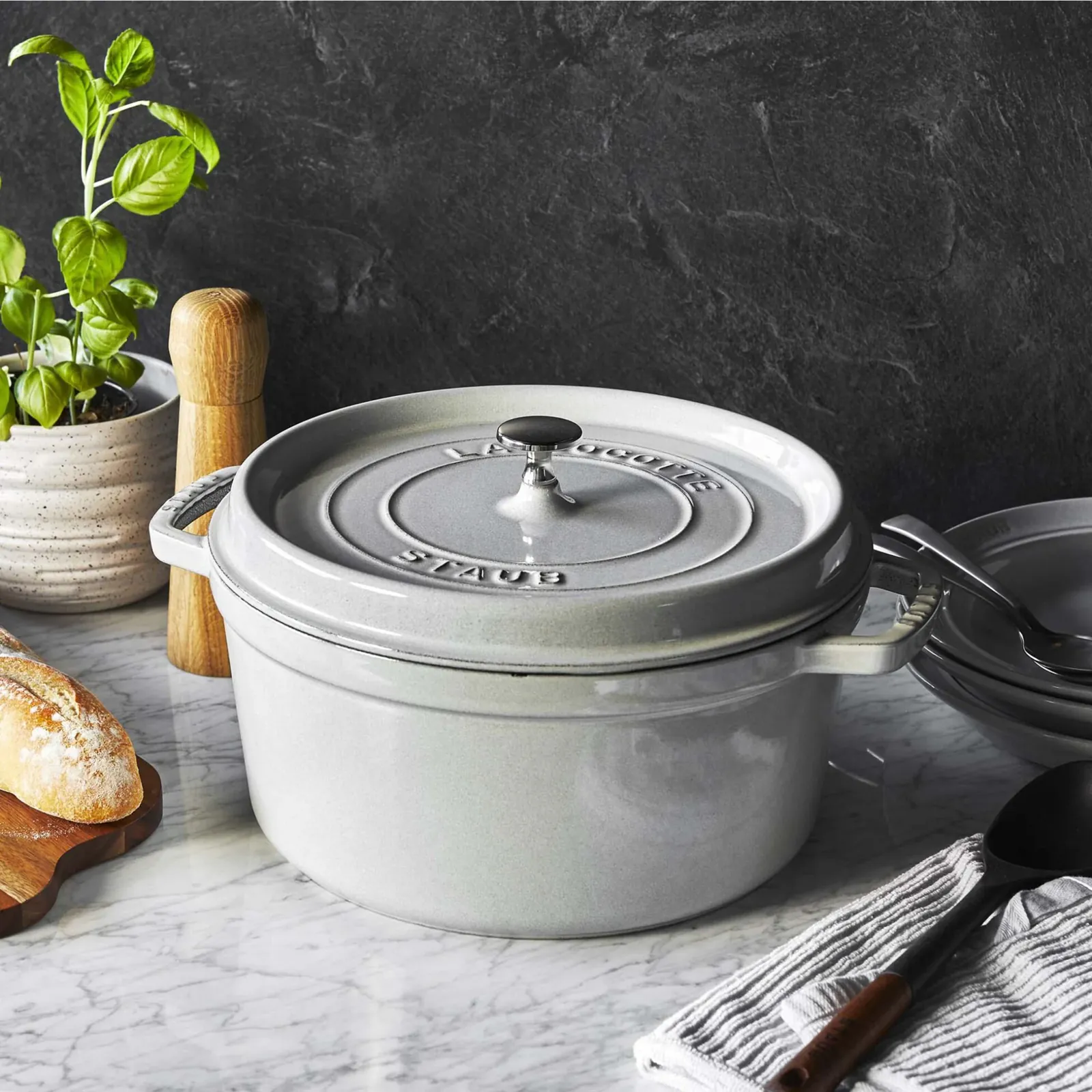 Staub cocotte on a marble counter